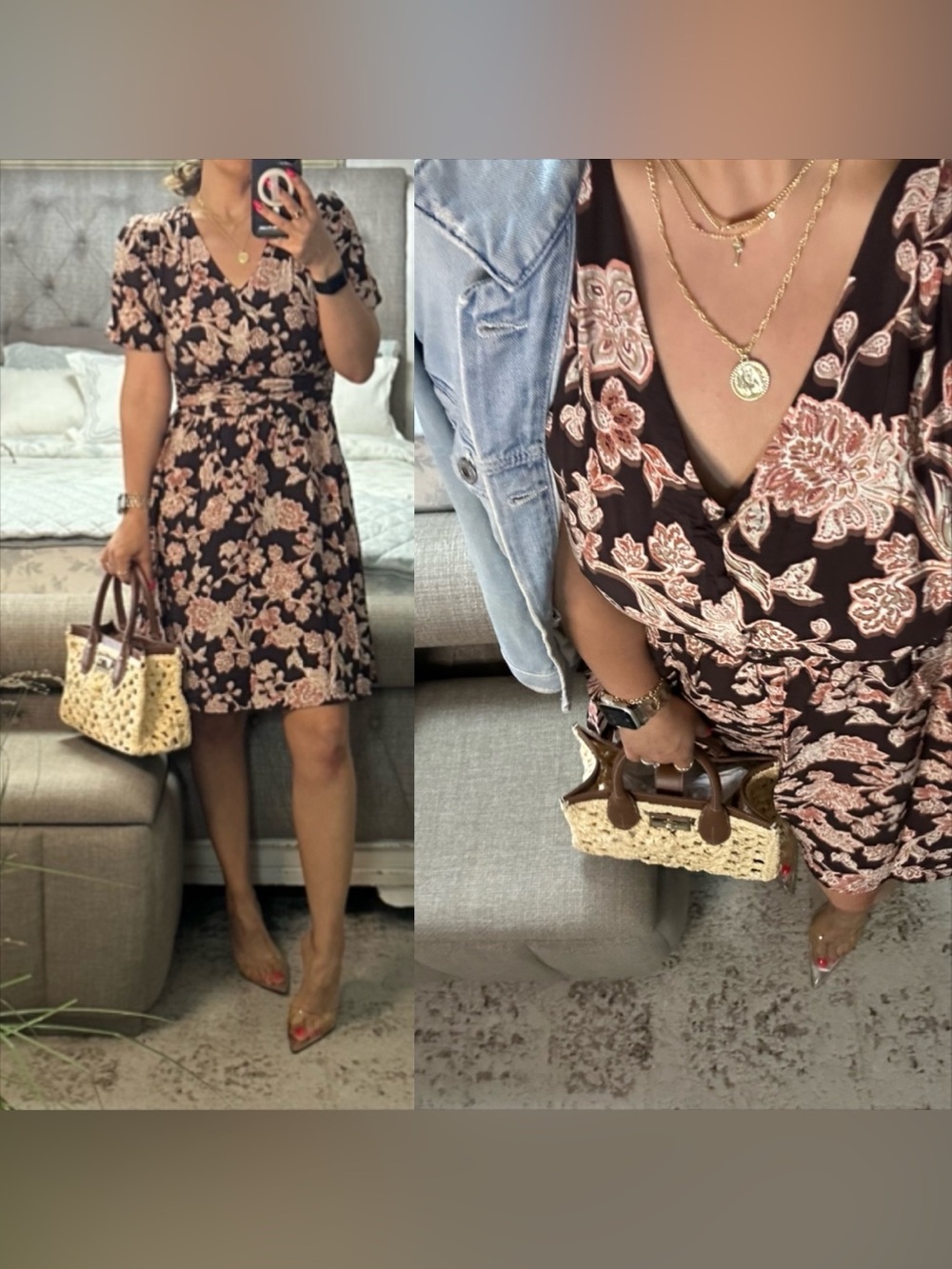 New🩷 Chocolate Floral Faux Wrap Midi Dress Puff Sleeve Romantic Chic